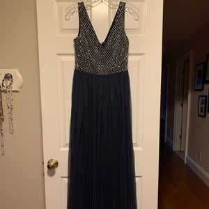 Blue Sleeveless Gown with Beaded Bodice
